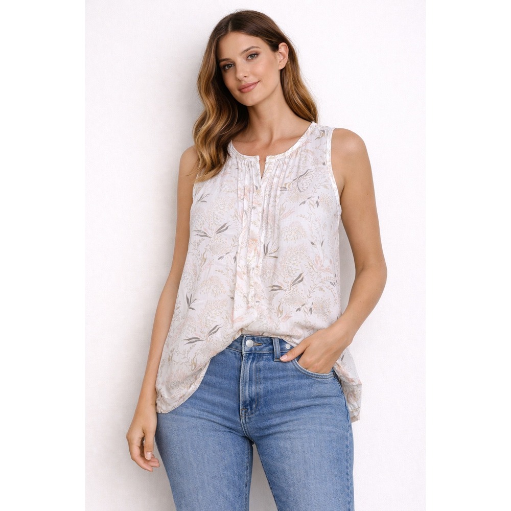 Laura Bianchi Italy 100%‎ Linen Sleeveless Floral Pleated Blouse Top Cream Tan M
